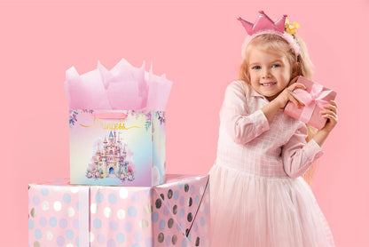 Ranfashiong 13" Large Pink Castle Birthday Gift Bag with Tissue Paper for Party Favor for Baby Shower, Girl, Princess Wrapping