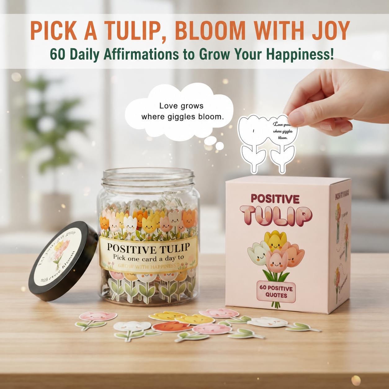 Positive Tulip Jar with 60 Affirmation Cards, Inspirational Gifts and Teacher Desk Decor, Tulips Flowers Themed Gift for Women, Stress Relief and Daily Positivity, Staff Appreciation Gifts