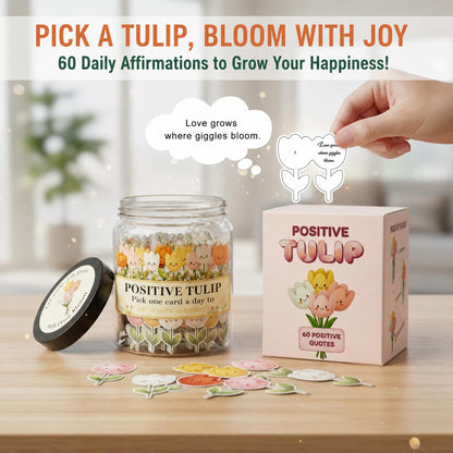 Positive Tulip Jar with 60 Affirmation Cards, Inspirational Gifts and Teacher Desk Decor, Tulips Flowers Themed Gift for Women, Stress Relief and Daily Positivity, Staff Appreciation Gifts