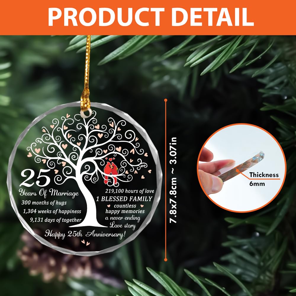 25th Wedding Anniversary Ornament - Gift for 25th Anniversary - Silver Anniversary - 25 Years of Marrige Gift Idea for Couple - Happy 15th Anniversary Glass Ornaments - Gifts for Wife, Husband
