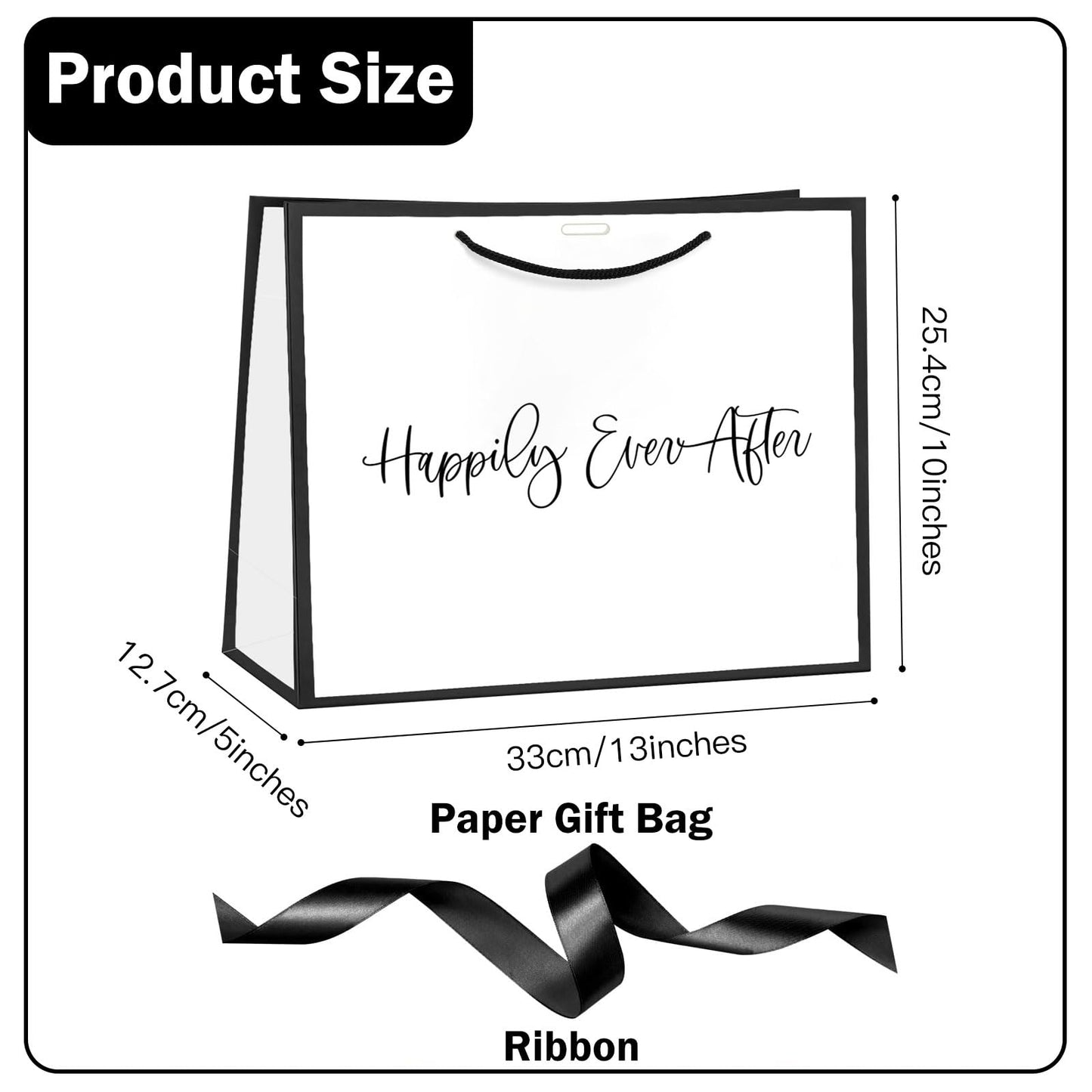 Loveinside 13" Large Wedding Gift Bag, White & Black Happily Ever After Elegant Script Design Party Bag with Bow Ribbon for Wedding, Bridal Shower, Engagement, Newlywed Gift, 13" x 5" x 10", 1 Pcs