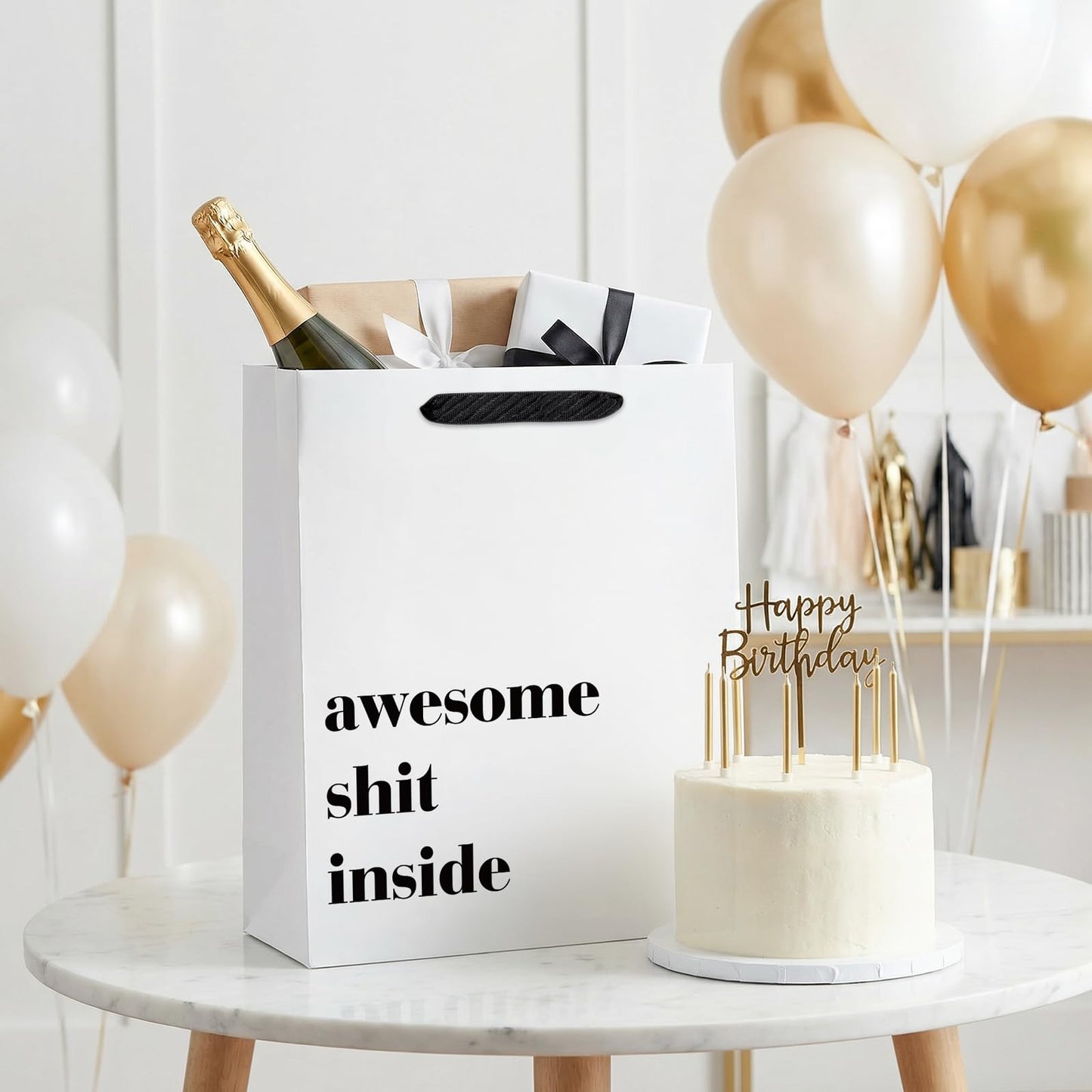 Loveinside 13" Large Funny Gift Bag, Minimalist White Awesome Sh*t Inside Bold Design with Tissue Paper & Card, Adult Humor Gift Bag for Friends, Coworkers, Birthday, Party, 10" x 5" x 13", 1 Pcs