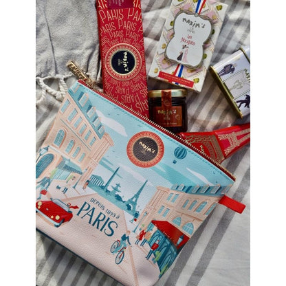 Maxim's de Paris French Gift Set - Bonjour Paris Pouch with Chocolate, Nougat, Strawberry Jam, Eiffel Tower Tin & Mini Collectible Tins | Premium French Gift Box, Made in France
