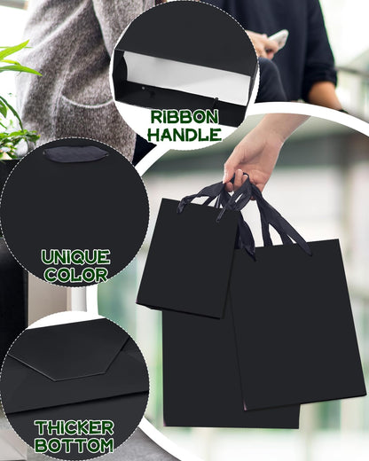 qiqee Black Gift Bags with Tissue Paper Mulit Assorted Sizes 10PCS Present Party Favor Birthday Bags(2pcs Large 13", 4pcs Medium 9", 4pcs Small 6" Bags,Tissue Paper)