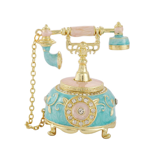 Retro Telephone Shape Trinket Boxes Hinged Hand-Painted Small Jewelry Box Enamel Wedding Favor Unique Gift for Women (Blue)