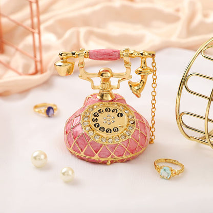 QIFU Hand Painted Small Pink Telephone Figurine Trinket Box Hinged Unique Gift for Family