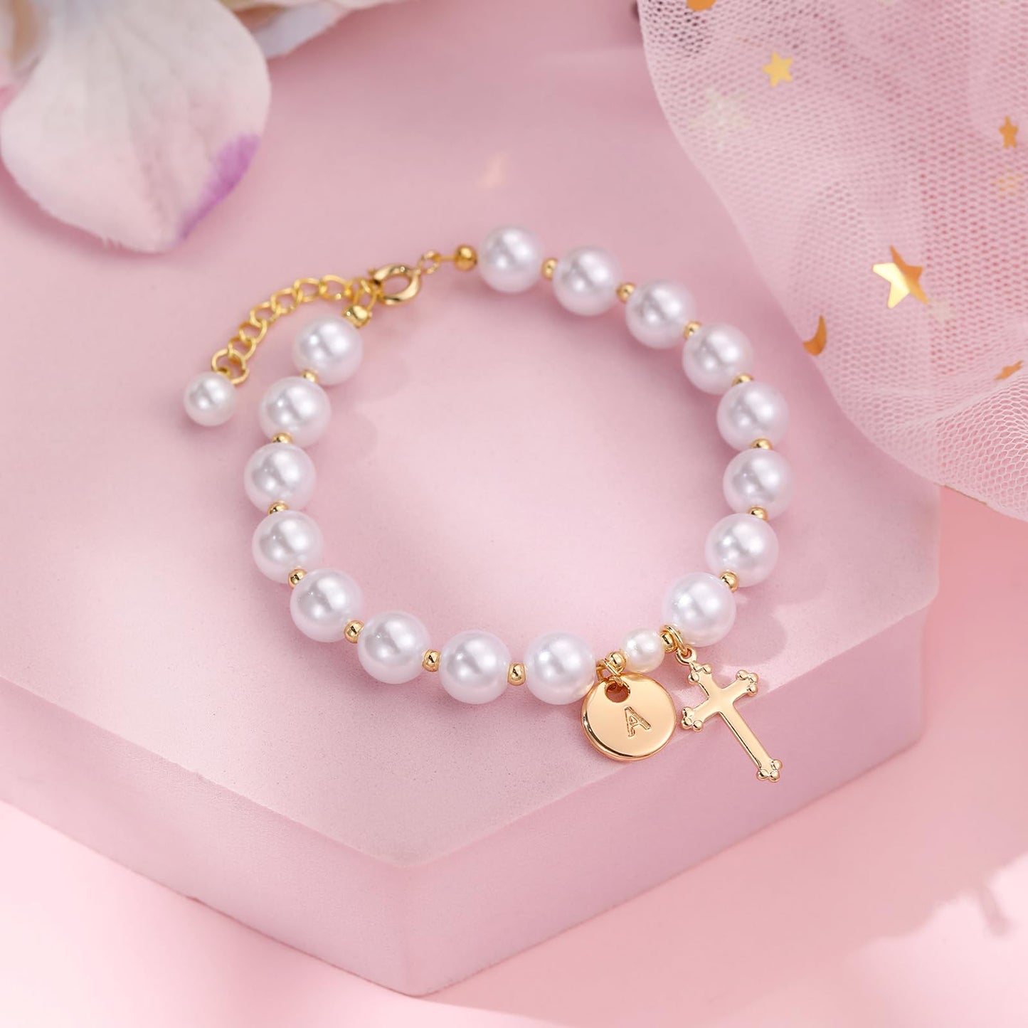 Initial First Holy Communion Confirmation Baptism Bracelets Gifts for Women Girls, Catholic First 1st Communion 14K Gold Pearl Cross Charm Bracelet Personalized A-Z for Goddaughter Niece