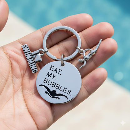 Swimming Keychain – Inspiratiional Keychains Bag Charms for Women with EAT. MY. BUBBLES. Quote, Cool Key Chains Gifts for Swimming Lovers, Swimmers, Swim Teams