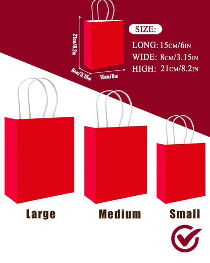 qiqee 100PCS Gift Bag with Handles Bulk Red Paper Bags Multiple Uses (8.3"x3"x6"inch Small Size)