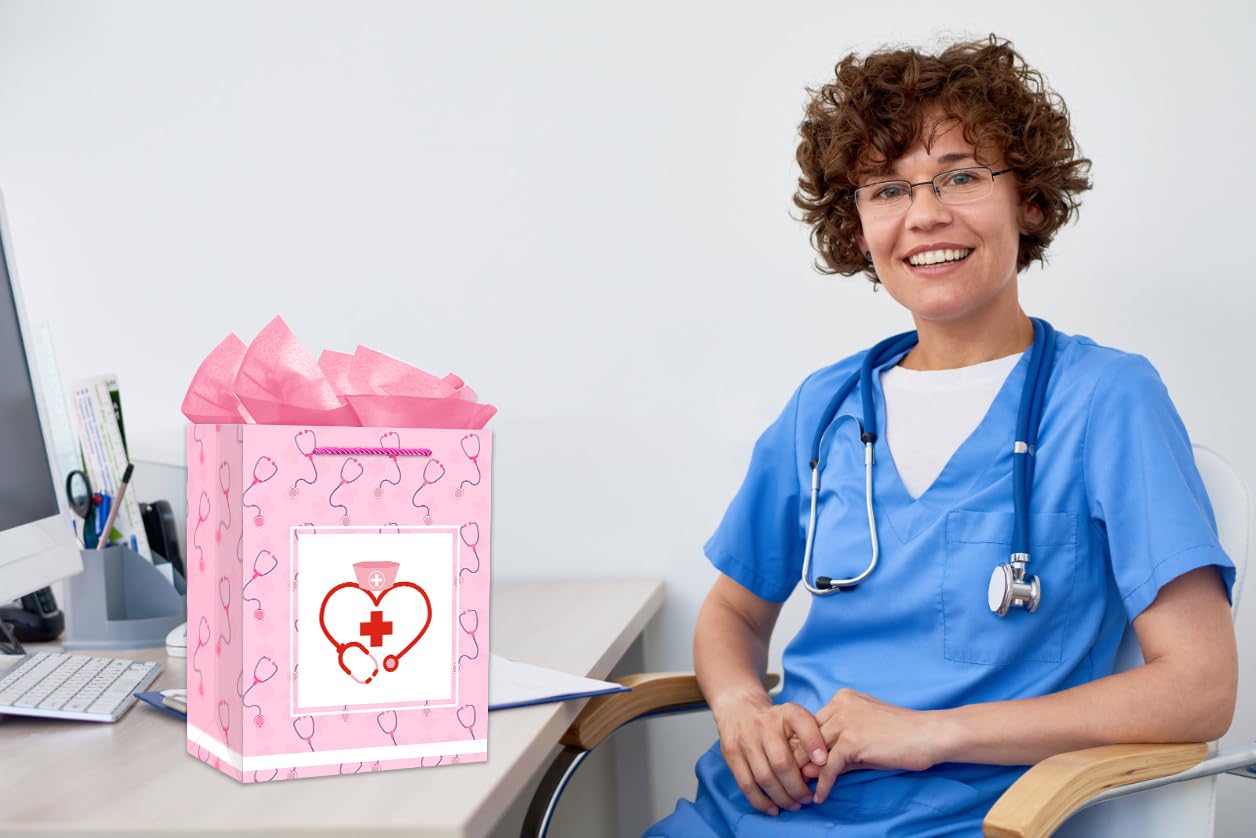 D4DREAM Nurse Graduation Gift Bag - 13" Large Pink Nurse Gift Bag with Tissue Paper for Women Doctor Nursing School Grads Medical School Graduates Perfect for Nurse Week Celebrations