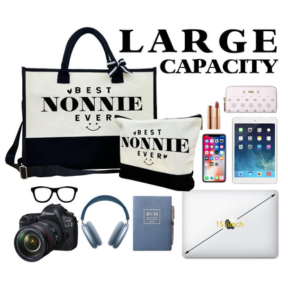 SUSZDOU Nonnie Beach Tote, Canvas Bag with Zipper, Mother's Day Present, Includes Make Up Bag