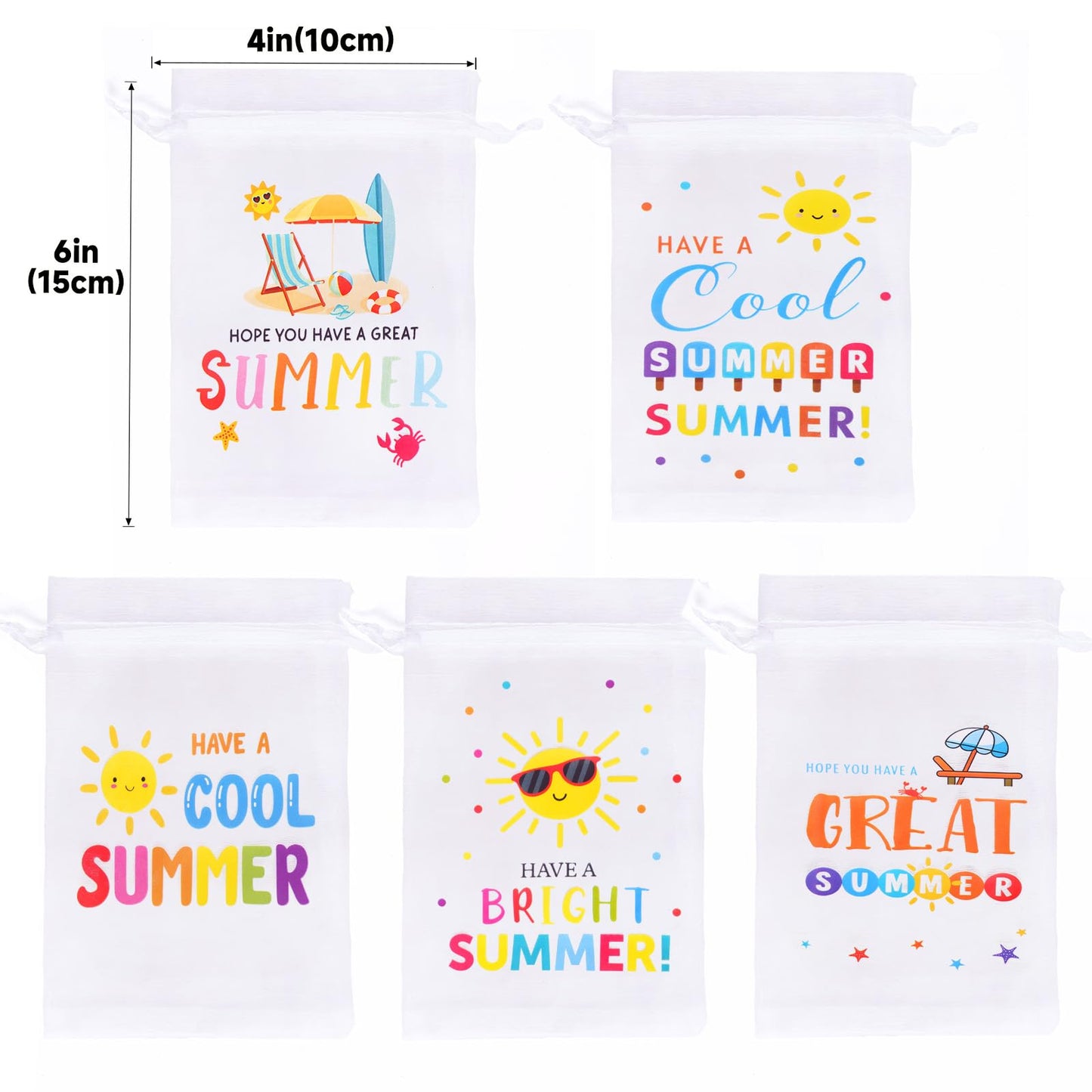 joycraft 30Pcs Summer Organza Bags - 4x6In End of School Year Drastring Gift Bags, 5 Style Have a Bright Summer Party Bags for Vacation, Graduation, Classroom, Office