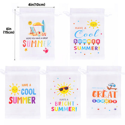 joycraft 30Pcs Summer Organza Bags - 4x6In End of School Year Drastring Gift Bags, 5 Style Have a Bright Summer Party Bags for Vacation, Graduation, Classroom, Office