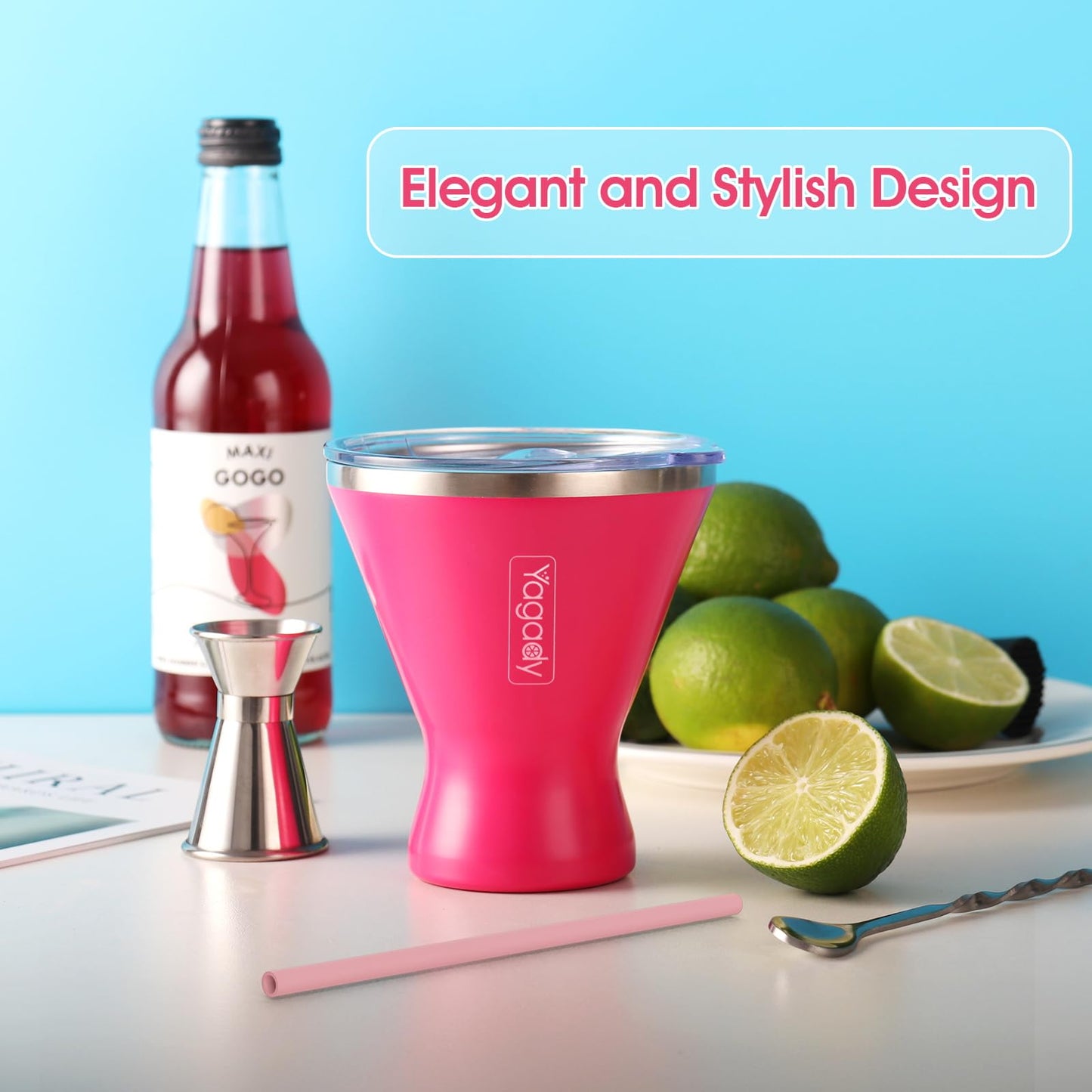Stainless Steel Martini Tumbler with Lid & Cuttable Silicone Straw - 10oz Vacuum Sealed Insulated Martini Glass - Elegant Design Margarita Glass for Perfectly Chilled Drinks (Red)