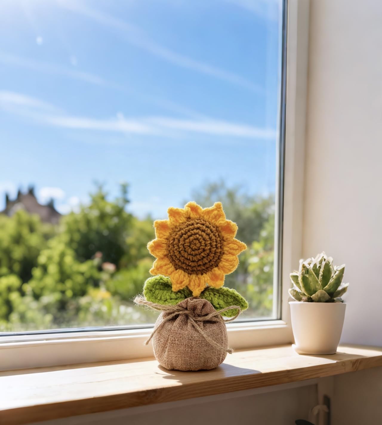Crochet Sun Flowers Potted Flower, Handmade Knitted Sun Flores Birthday Gifts for Women/Mom/Grandparent, Valentines, Christmas,Positive Boho Crocheted Flower for Office Desk Decor