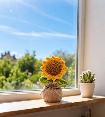 Crochet Sun Flowers Potted Flower, Handmade Knitted Sun Flores Birthday Gifts for Women/Mom/Grandparent, Valentines, Christmas,Positive Boho Crocheted Flower for Office Desk Decor