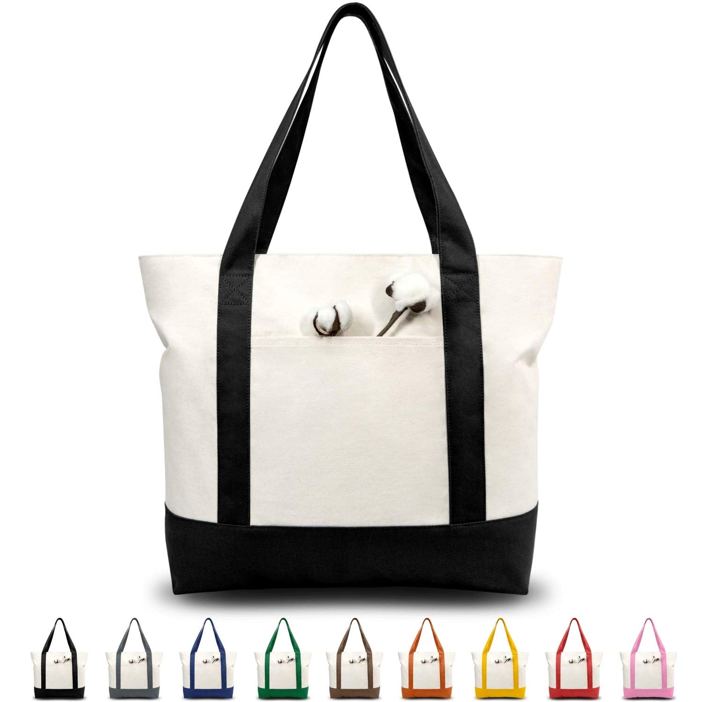 TOPDesign 1 | 3 | 6 | 30 Pack Canvas Tote Bag with an External Pocket, Reusable Grocery Shopping Bag, Top Zipper Closure, Daily Essentials (Black/Natural Pack of 1)