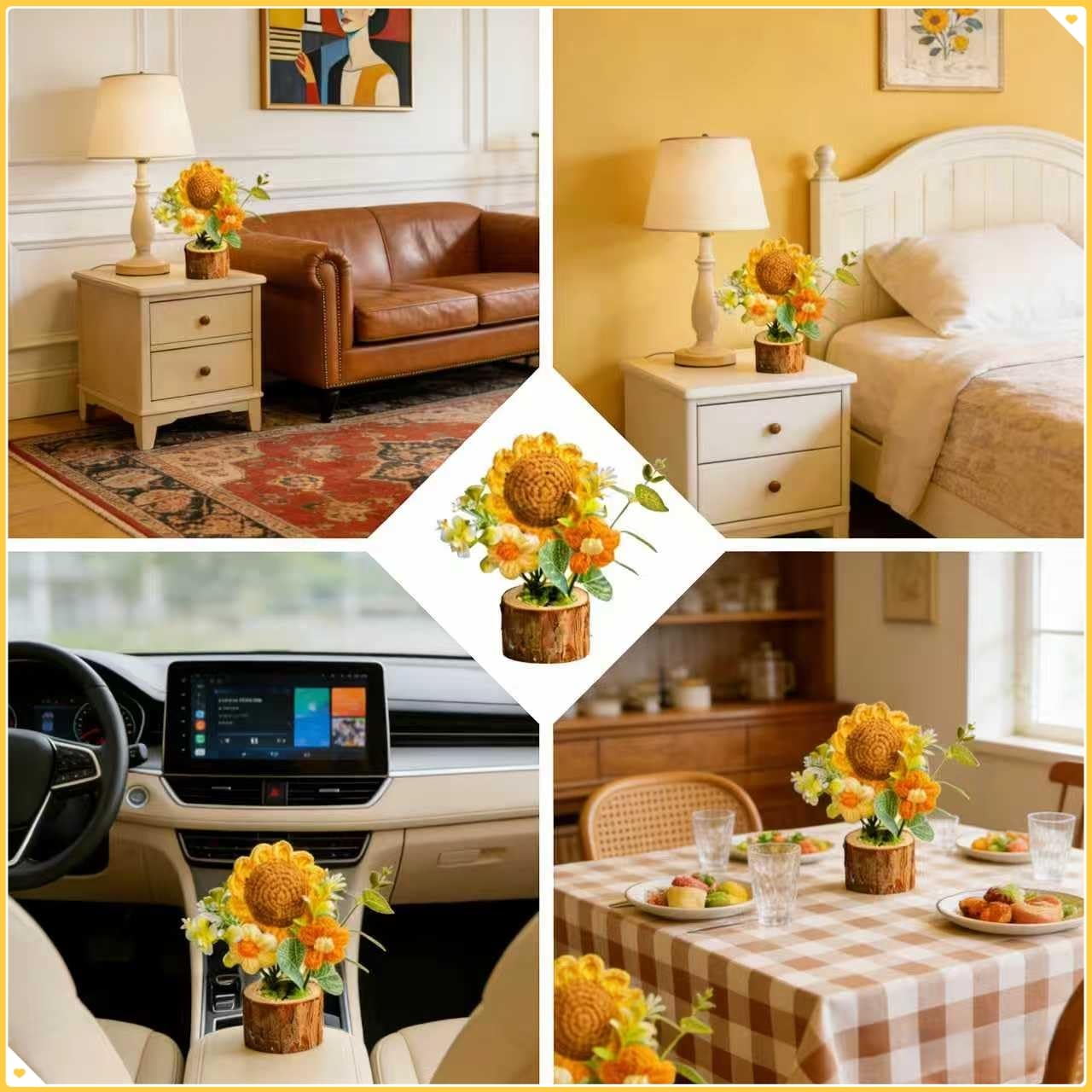 Handmade Knitted Sunflower Potted Plant - Boho Home Decor for Desk Office Car Dashboard Cute Crochet Sunflower Artificial Flower Decor Inspirational Gift for Women Mom Wife Sister Teacher