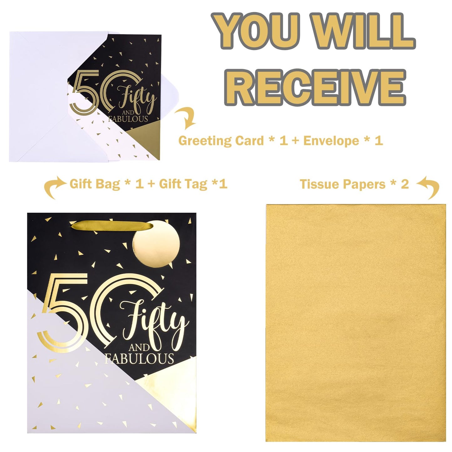 WRAPAHOLIC 13" Large 50th Birthday Gift Bag with Card and Tissue Paper - 50 Fifty and Fabulous