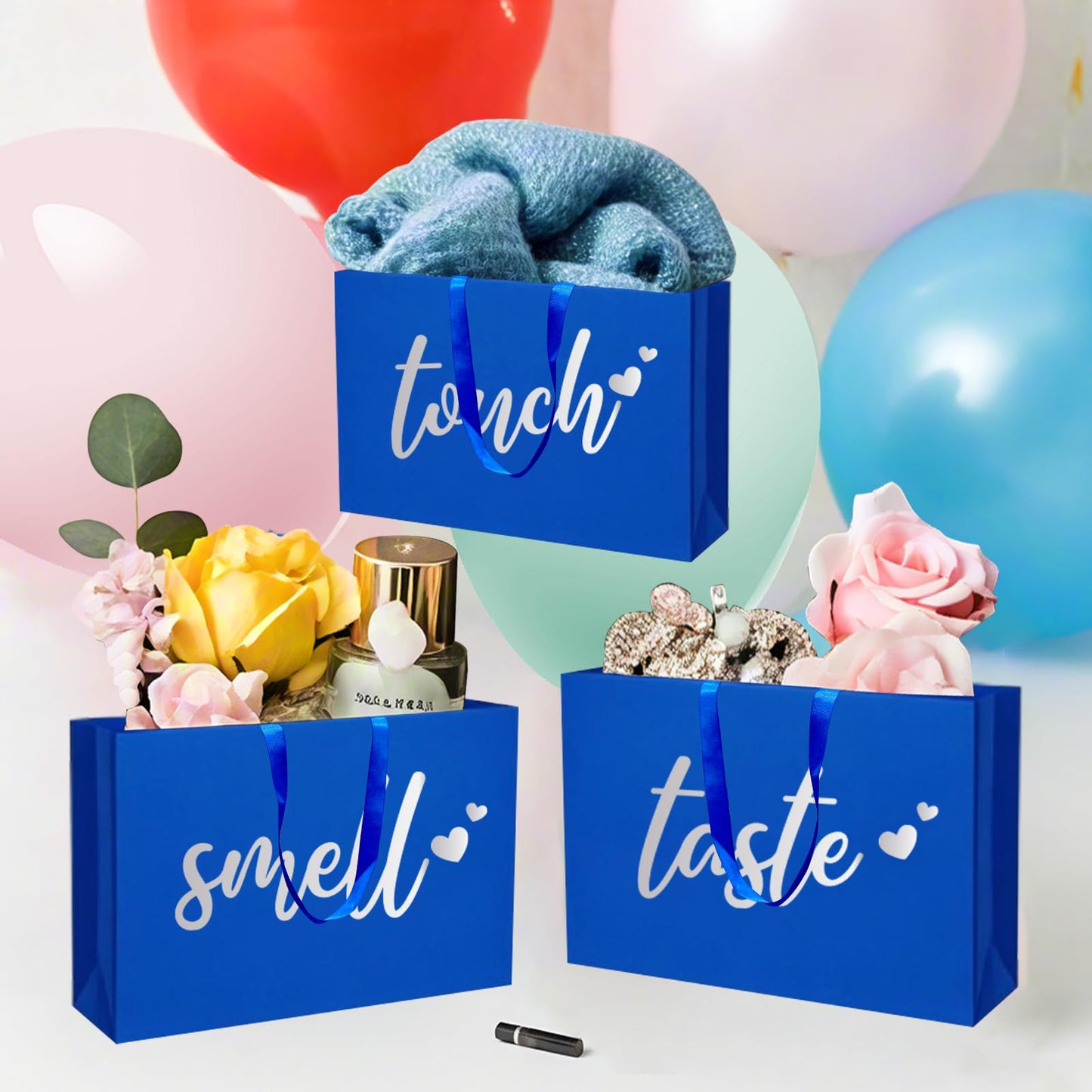 YIXAXKAO 5 Senses Gift Bags Five Senses Gift Bags with Tissue Paper Kraft Paper Bag with Ribbon Handles for Anniversary, Valentine's Day, Birthday for Him Husband Boyfriend (Blue Silver)