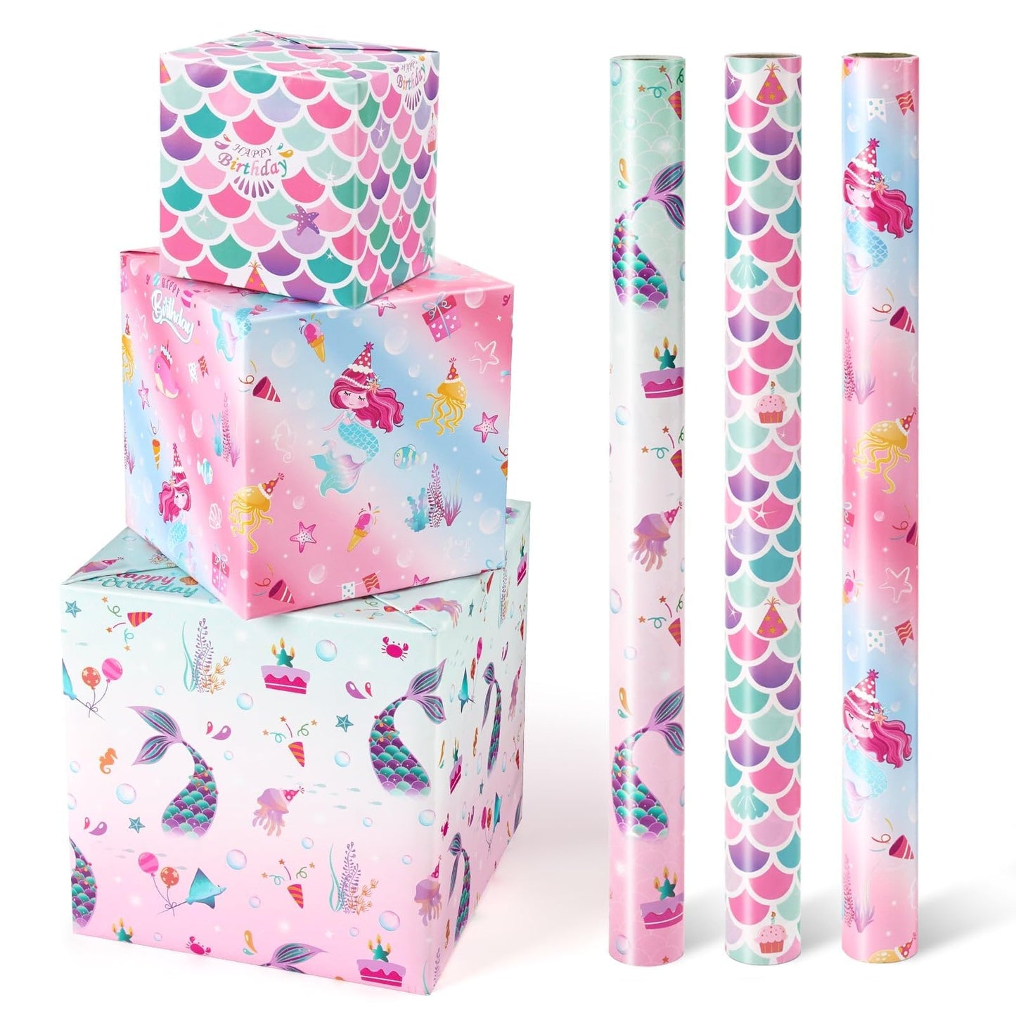 WERNNSAI Mermaid Wrapping Paper - 3 Rolls 17” x 120” Girls Birthday Wrapping Paper Rolls Mermaid Gift Wrap Paper Kids Pink Baby Shower Ocean Theme Party Gift Packing Supply with Cutting Lines