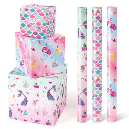 WERNNSAI Mermaid Wrapping Paper - 3 Rolls 17” x 120” Girls Birthday Wrapping Paper Rolls Mermaid Gift Wrap Paper Kids Pink Baby Shower Ocean Theme Party Gift Packing Supply with Cutting Lines