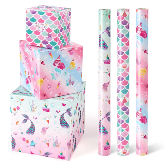 WERNNSAI Mermaid Wrapping Paper - 3 Rolls 17” x 120” Girls Birthday Wrapping Paper Rolls Mermaid Gift Wrap Paper Kids Pink Baby Shower Ocean Theme Party Gift Packing Supply with Cutting Lines