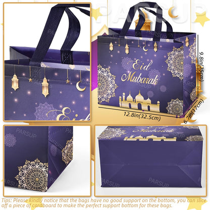 PARSUP 8PCS Eid Mubarak Reusable Gift Bags, Assorted Sizes Non-Woven Party Treat Bags with Handles for Gifts Wrapping, Party Supplies