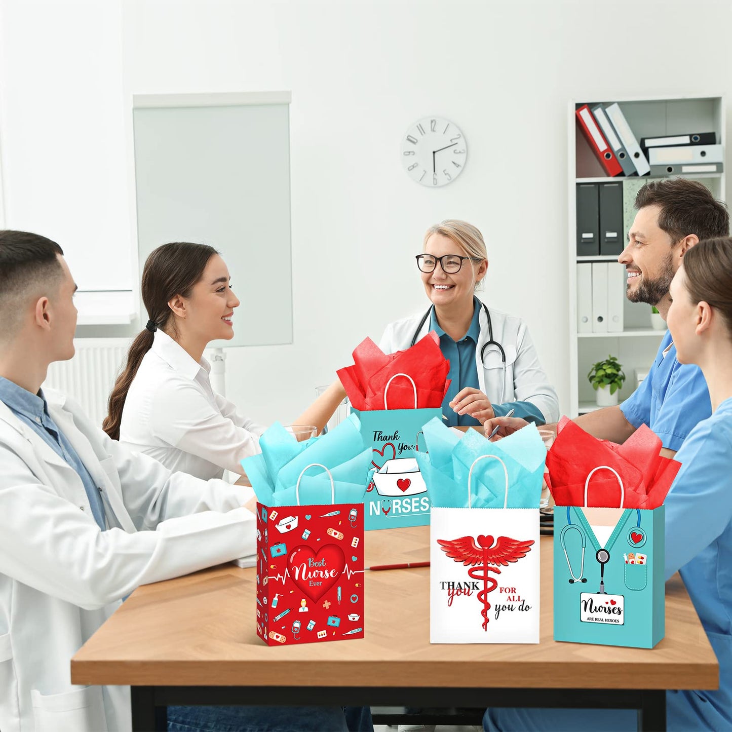 Sabary 24 Pcs Nurse Gift Bags 9 x 7 Inch, Nursing Graduation Party Thank You Nurse Paper Goodie Bags with Tissue Paper Decor for Medical Themed Birthday RN Nursing Graduation Party Favor Supplies