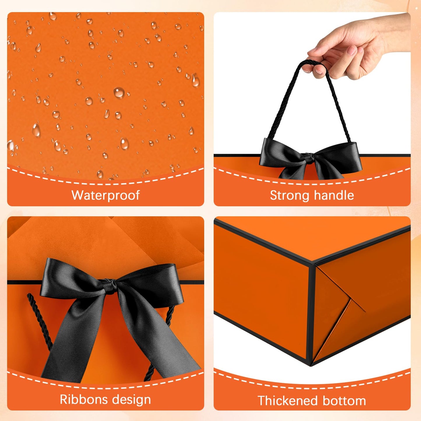 JMANNI Gift Bags with Handles, 13” Medium Gift Bag for Presents, 1 Pcs Bags with 2 Tissue Paper and 1 Cards for Graduation Baby Shower Wedding Fathers Day Mother's Day Birthday Party (Orange-Black