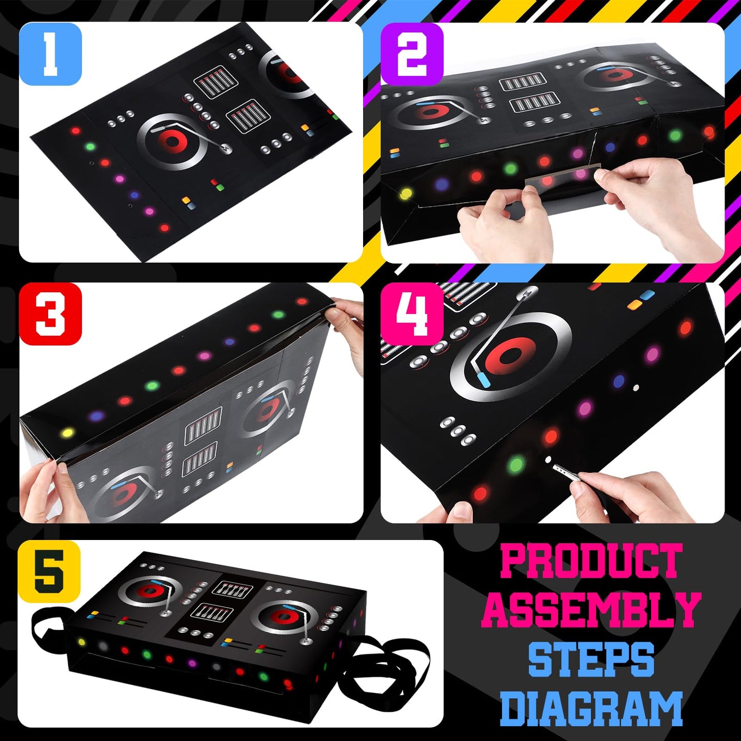 MotiMind 2 Pcs Dj Costume 80s 90s Hip Hop Costume Paper Dj Mixer Boxes with Strap Props Music Rapper Party Decorations Cosplay Party Novelty Retro Theme Music Neon Birthday Gifts