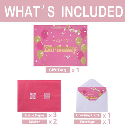 Qirrmiy 16.5" Extra Large Pink Happy Birthday Gift Bag Set with Handles, Greeting Card, Tissue Papers and Stickers for Women Girls, Balloons Design, 1 Pcs