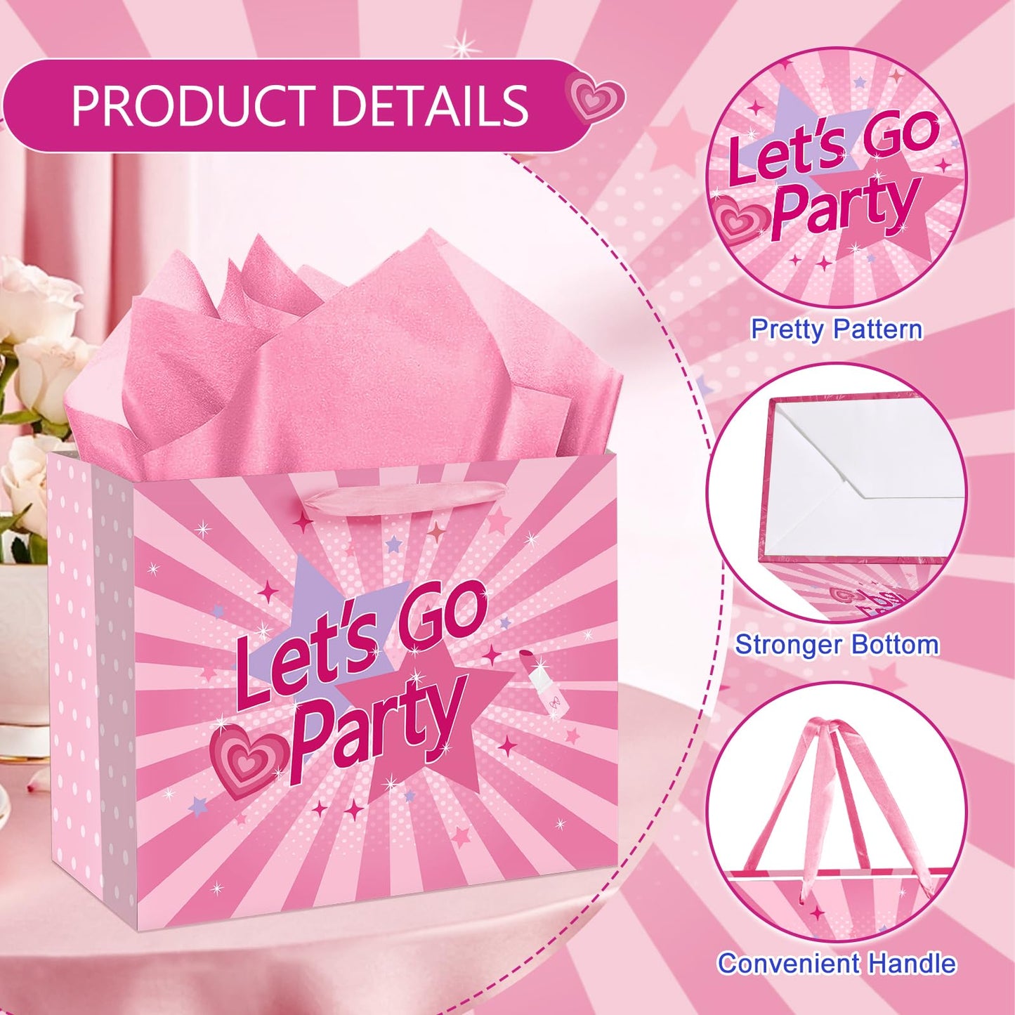 Hot Pink Gift Bag Lets Go Party Supplies Valentines Pink Wrapping Bag with Greeting Card and Tissue Paper Bachelorette Party Decorations for Girls Princess Bridal Shower Birthday Party Supplies