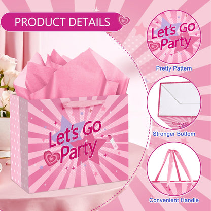 Hot Pink Gift Bag Lets Go Party Supplies Valentines Pink Wrapping Bag with Greeting Card and Tissue Paper Bachelorette Party Decorations for Girls Princess Bridal Shower Birthday Party Supplies