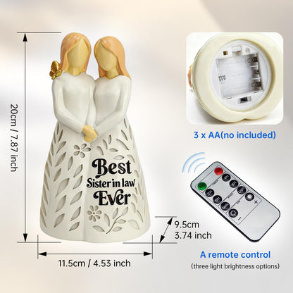 Sister in Law Gifts, Best Sister in Law Ever Figurine Light with Remote Control - Mothers Day Birthday Christmas Wedding Gifts for Women, Cream-White Resin Lamp (No Batteries Included)
