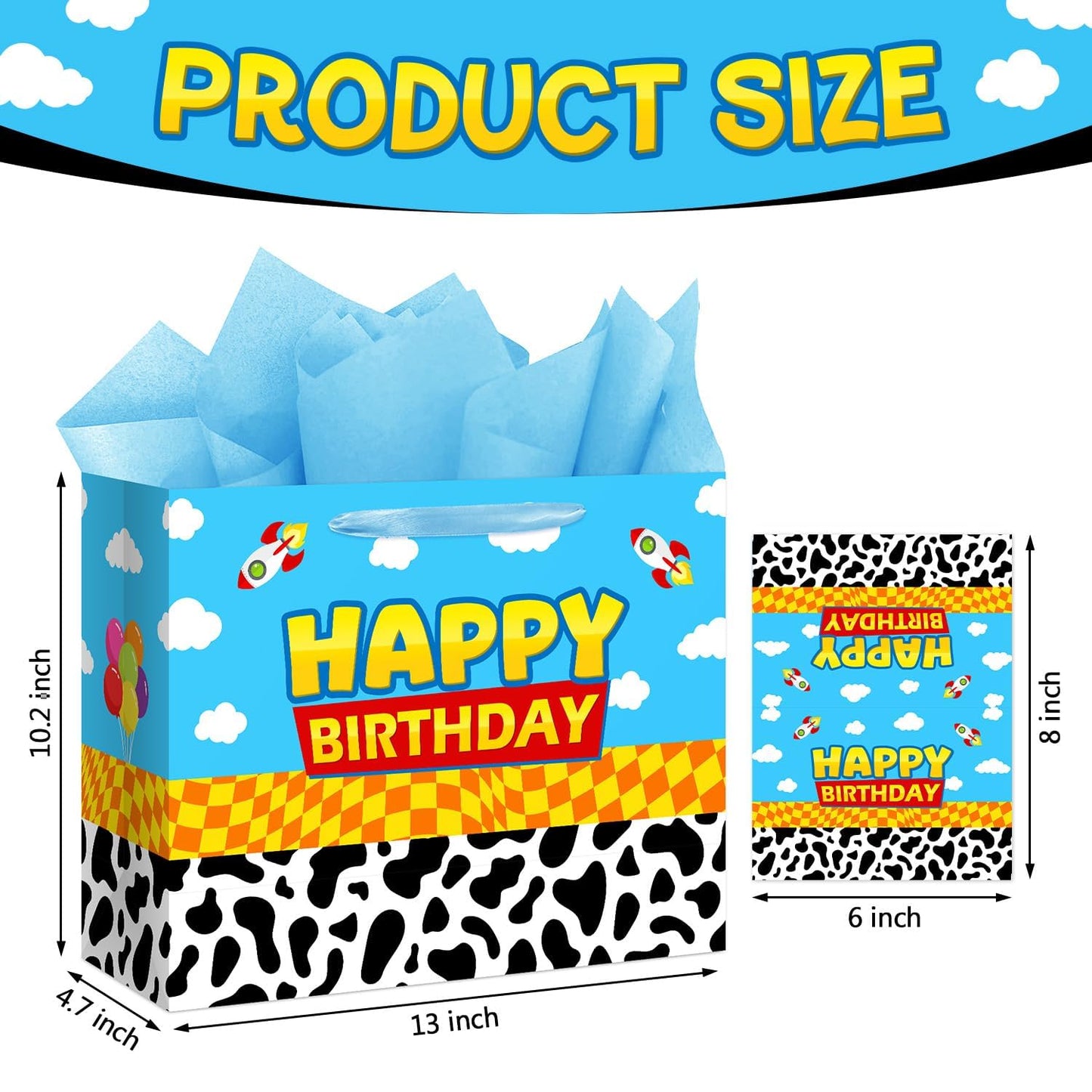 Reyoust 13" Large Toy Gift Bag with Card and Tissue Paper Toy Inspired Story Present Bag for Happy Birthday Blue Cartoon Party Decorations 1Pcs 13" L x 10.2" H x 4.9" D