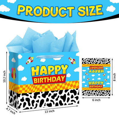 Reyoust 13" Large Toy Gift Bag with Card and Tissue Paper Toy Inspired Story Present Bag for Happy Birthday Blue Cartoon Party Decorations 1Pcs 13" L x 10.2" H x 4.9" D