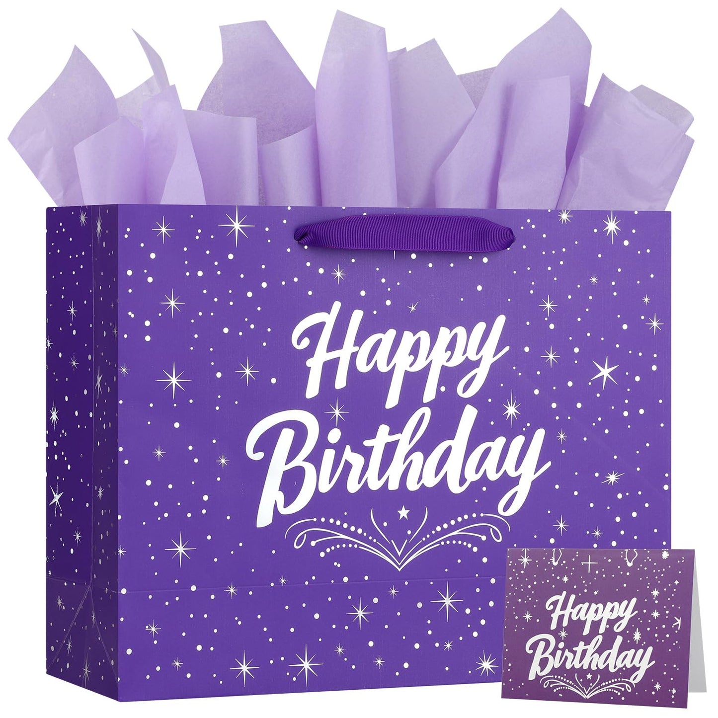 13" Purple Happy Birthday Gift Bag with Tissue Paper and Greeting Card for Party,Happy Birthday Gift Bag for Men Women,Gift Bags Medium size