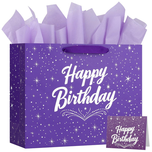 13" Purple Happy Birthday Gift Bag with Tissue Paper and Greeting Card for Party,Happy Birthday Gift Bag for Men Women,Gift Bags Medium size