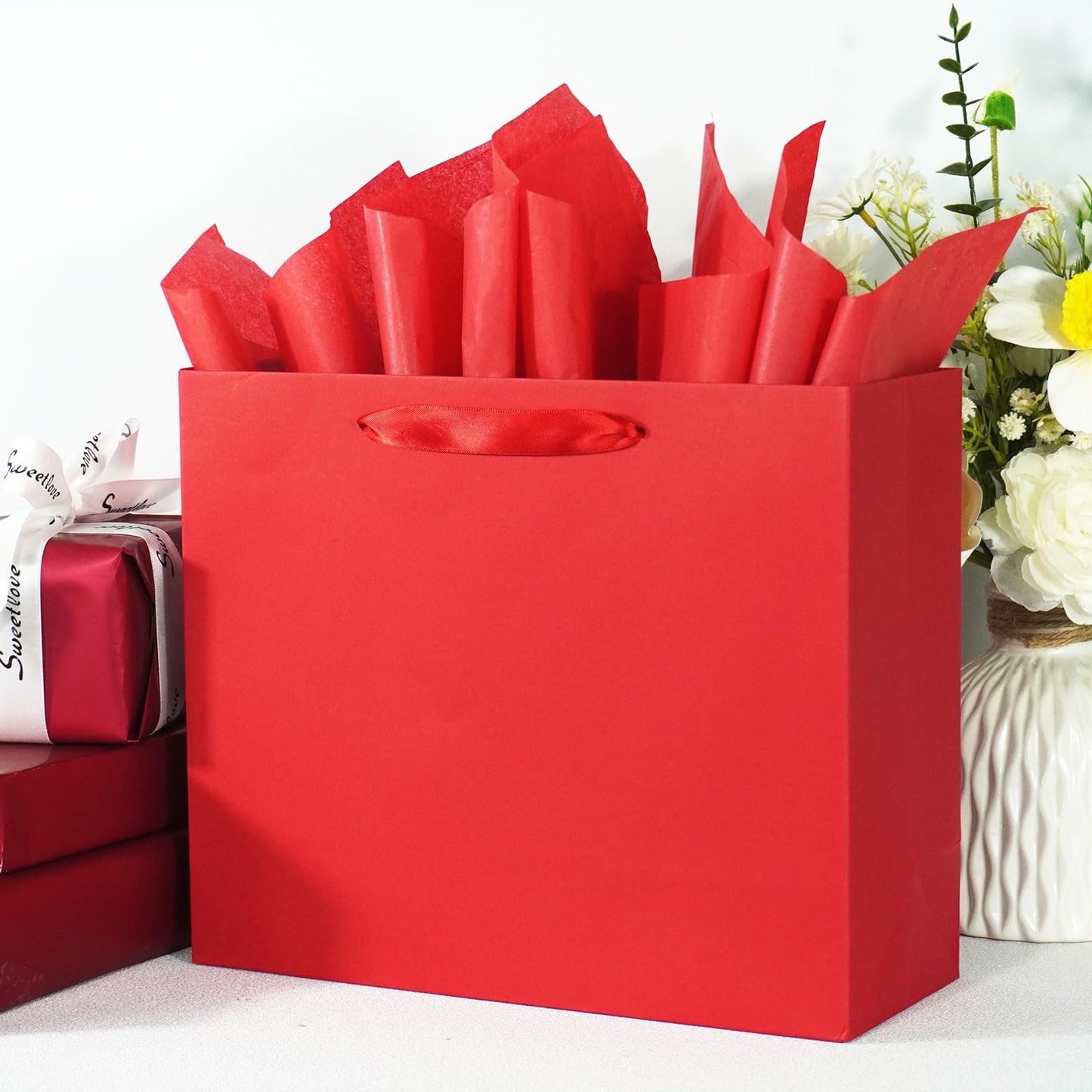 Elegant Red Gift Bag 11.8"x4.5"x9.8" with Ribbon Handles, Includes Card and Tissue Papers, Perfect for Birthdays, Weddings, Parties, Holidays, Baby Shower