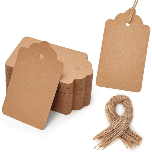 SallyFashion 100pcs Gift Tags with String Attached, 1.7 x 2.8 inch Kraft Paper Hang Tags for Clothes DIY Crafts Wedding Holiday (Brown)