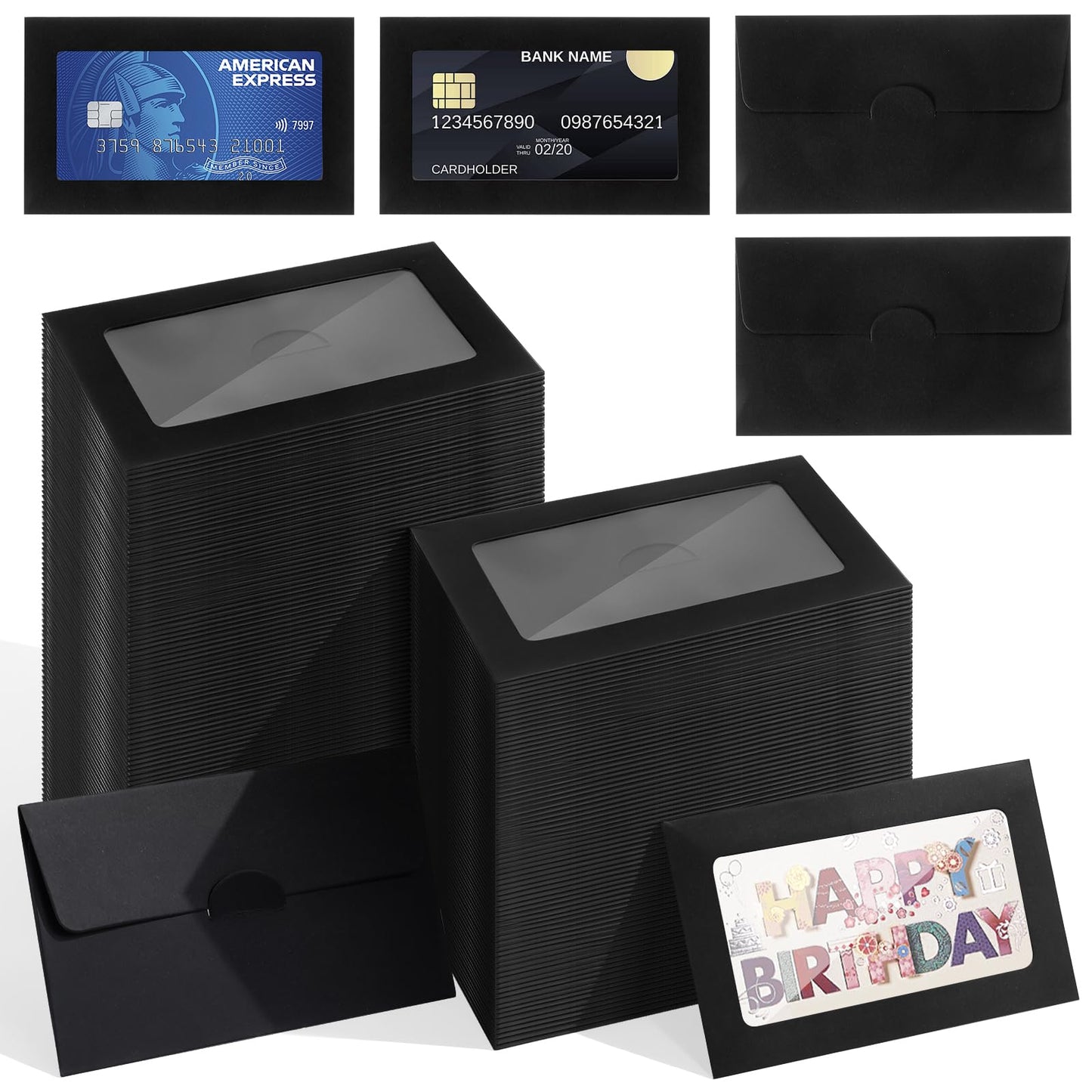 200 Packs Window Gift Card Envelopes Gift Sleeves, 4" x 2.4" Card Holder Envelope, Mini Business Invitation Cards Envelopes Without Cards for Christmas New Year Thanksgiving Party (Black)