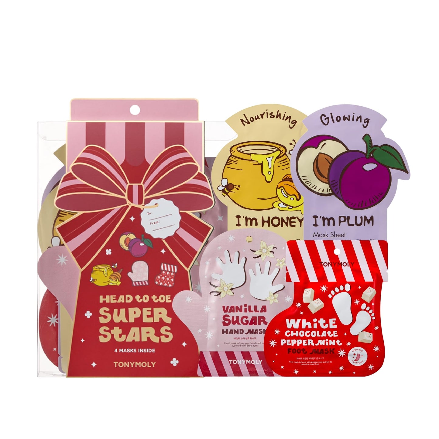 TONYMOLY Head to Toe Mask Set – 4-Piece Face Mask Set with Sheet Masks, Hand Mask & Foot Mask | Hydrating, Brightening & Nourishing Skincare Collection, Holiday Gift Set