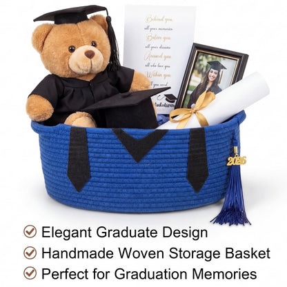Colingmill Class of 2026 Senior Graduation Gift Basket Empty, 14x10x5.5 Inch Woven Rope Basket with Grad Design Bag & Ribbon Letter Stickers Tassel & Card Decorative DIY Congrats Gift(Black and Blue)