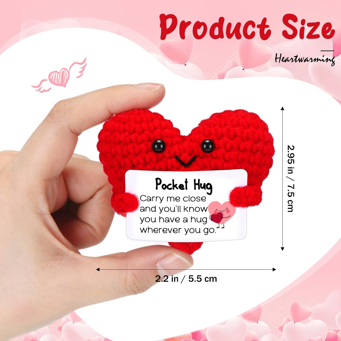 HyDren 12 Pcs Crochet Pocket Hug Heart Gifts with Inspirational Cards Handmade Heart Plush Bulk for Teacher Appreciation Graduation Friendship Encouragement Support Gifts
