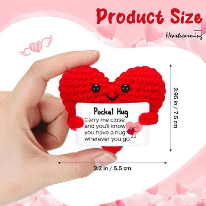 HyDren 12 Pcs Crochet Pocket Hug Heart Gifts with Inspirational Cards Handmade Heart Plush Bulk for Teacher Appreciation Graduation Friendship Encouragement Support Gifts