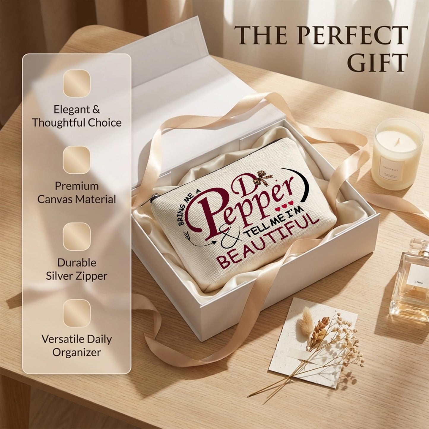 Pepper Merch Makeup Bag Tell Me I’m Beautiful Fun Gift for Dr Drinks Lover Cosmetic Case for Women's Wash Bag Travel Birthday