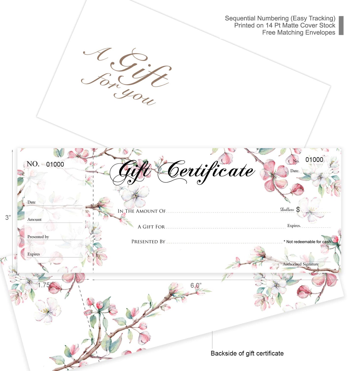 Blank Gift Certificates 25set, gift certificate for business, Gift-Blossoms-PP, Comes with Free matching Envelopes, Sequential Numbering Printing