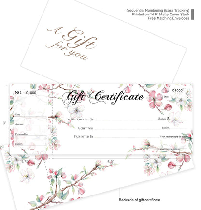 Blank Gift Certificates 25set, gift certificate for business, Gift-Blossoms-PP, Comes with Free matching Envelopes, Sequential Numbering Printing
