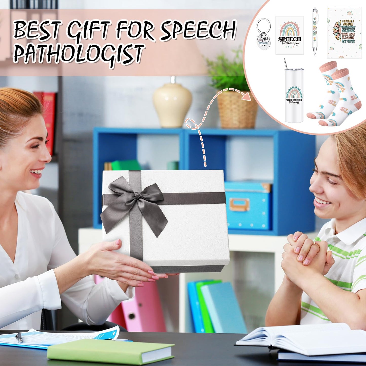 Patelai 7 Pcs Speech Therapist Appreciation Gifts Set Speech Language Pathologist Day 16 oz Tumbler Notebook Pen Keychain Sock Greeting Card and Box Slp Graduation Gift for Teacher Therapist Birthday
